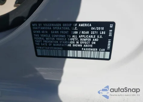 2015 Volkswagen Passat 1.8T Limited Edition from USA, damaged, VIN 1VWAT7A31FC092883